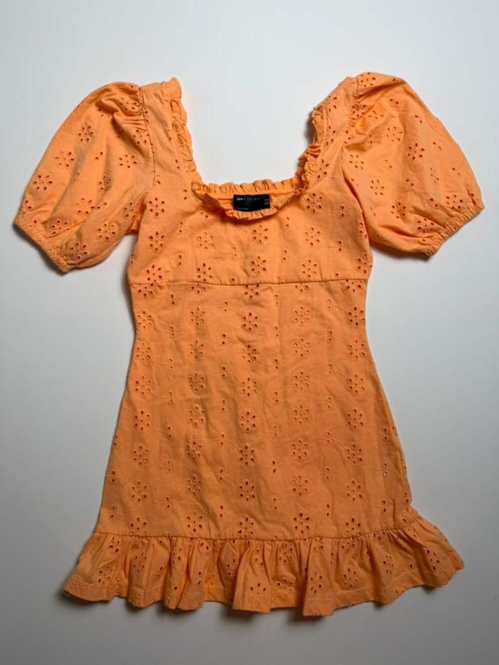 Cute Orange Eyelet Broderie Square Neck Puff Sleeve Cotton Mini Dress US 4